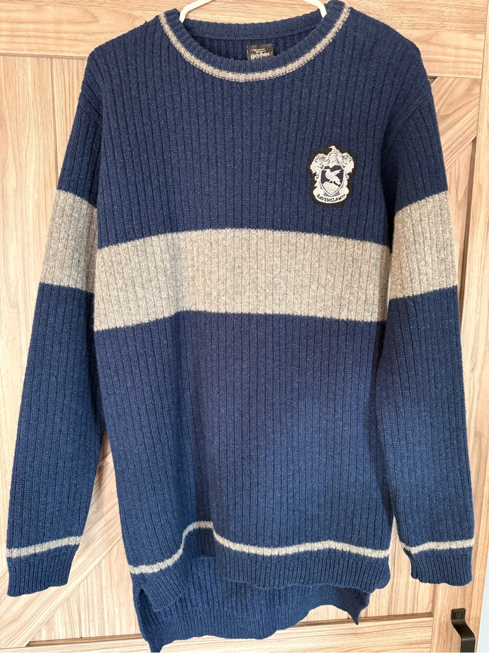 Men's Navy Crewneck Stripe Sweater with Ravenclaw crest.  Harry Potter